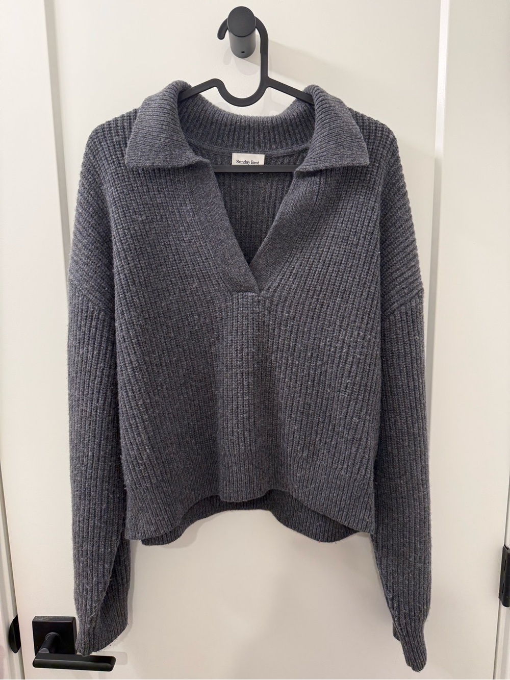 Sunday Best Gray Ribbed V-Neck Collared Sweater